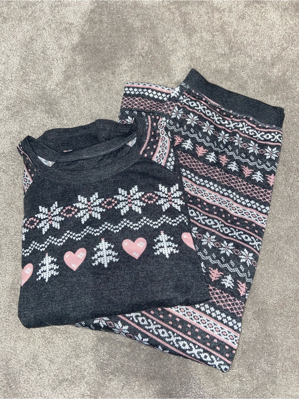 Cuddl Duds Charcoal Black & Pink Fair Isle Pajama Set